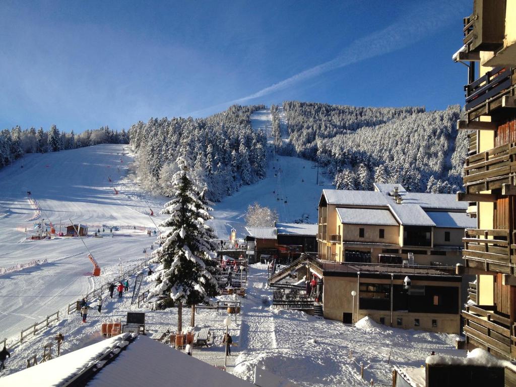 uma estação de esqui com uma árvore de natal na neve em Un Isard au Pied des Pistes em Ax-les-Thermes