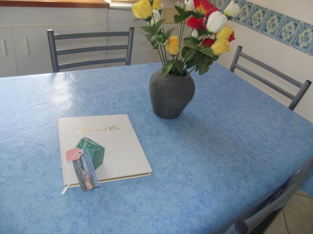a book and a vase with flowers on a table at APPARTEMENT WISSANT in Wissant
