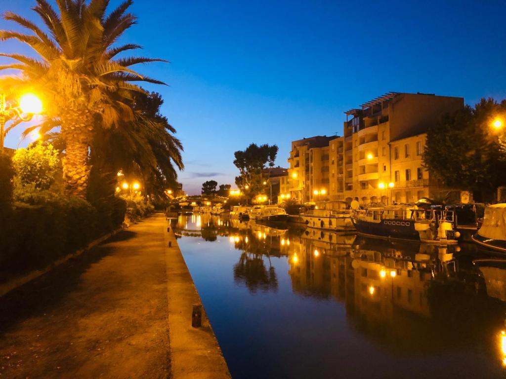 - une vue sur un canal de nuit avec des bâtiments et des bateaux dans l'établissement T1 Bis tres proche centre et canal, à Narbonne