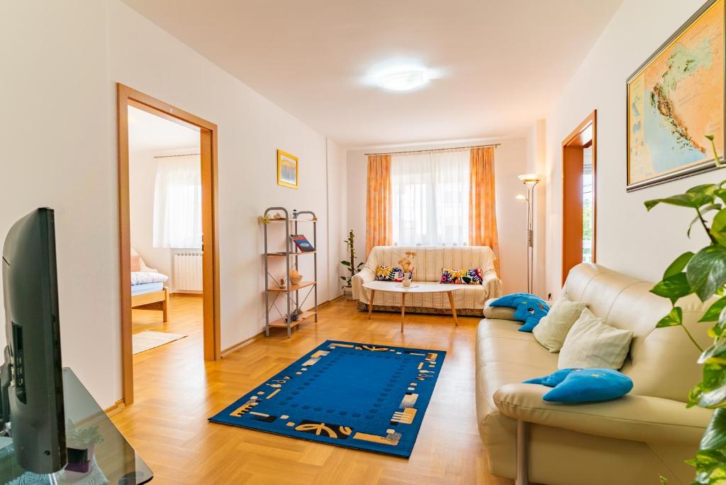 un salon avec un canapé et une télévision dans l'établissement Big 4 bedroom apartment with private parking, à Zagreb