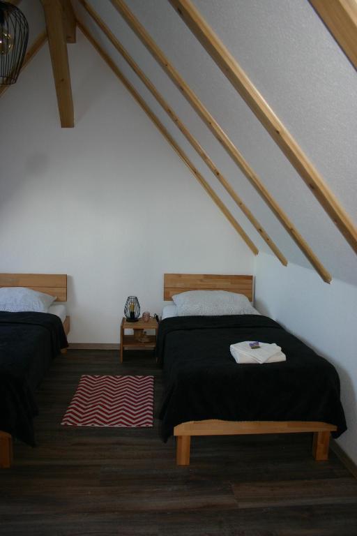 a bedroom with two beds in a attic at Apartment Jakobsweg GbR in Pettstädt