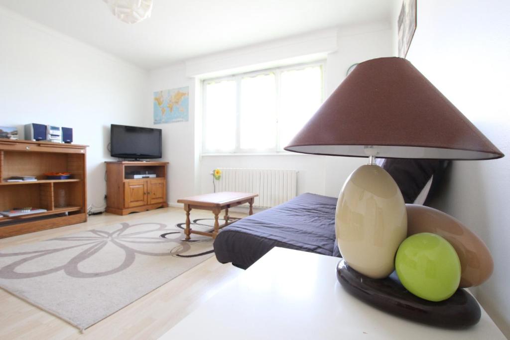 uma sala de estar com uma cama e um candeeiro em Colmar Nature - Quiet Apartment MARAICHERS em Colmar