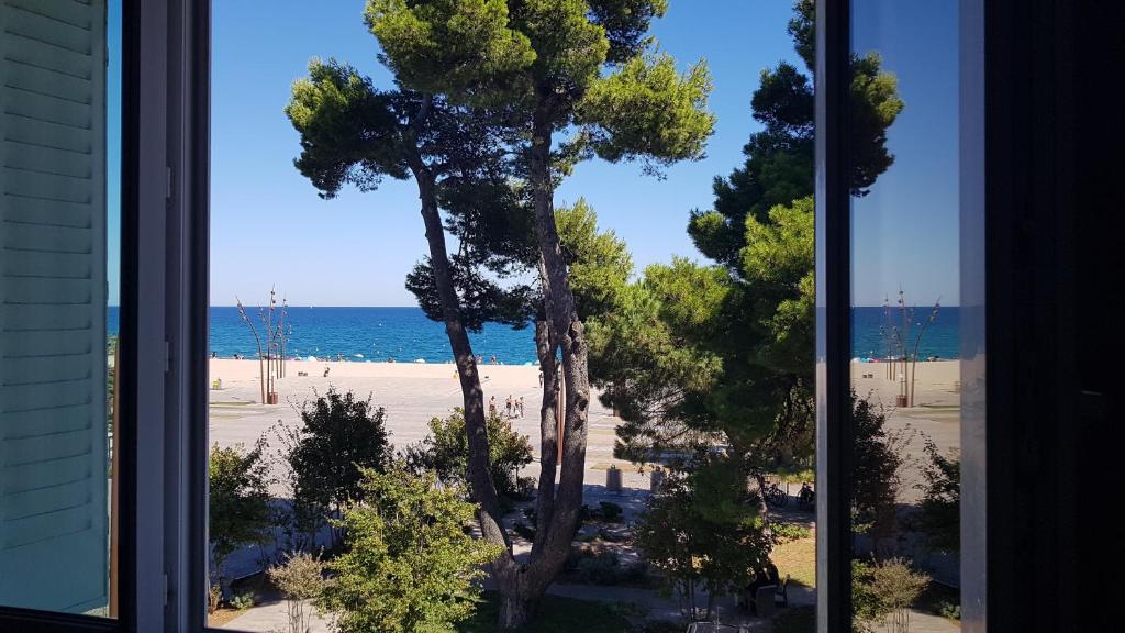 una ventana con vistas a la playa y a una palmera en Hôtel Beau Rivage, en Argelès-sur-Mer