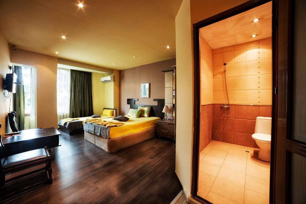 プロブディフにあるHotel Trakart Residenceのベッドとバスルーム付きのホテルルームです。