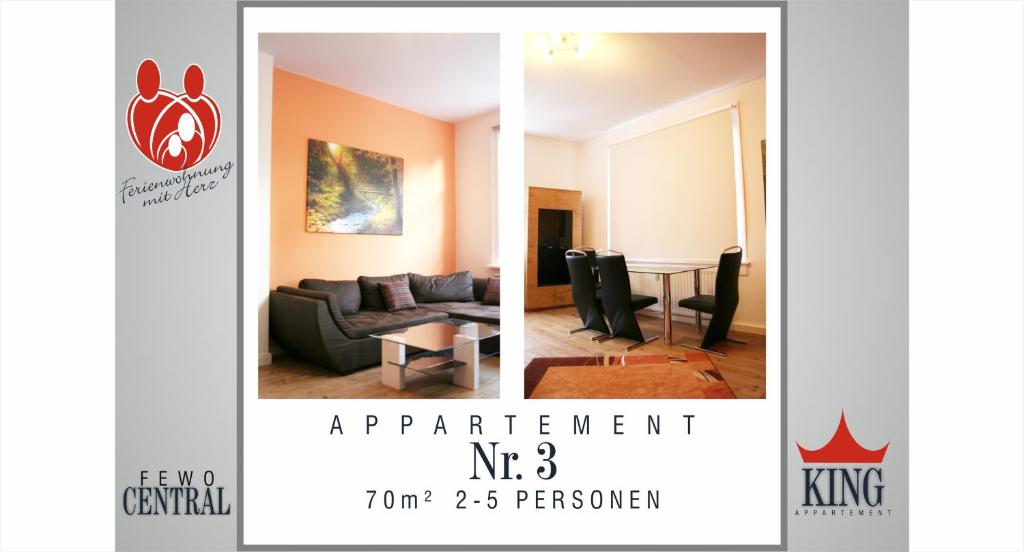 2 fotografías de una sala de estar y un comedor en Wimaria Apartments - Central en Weimar