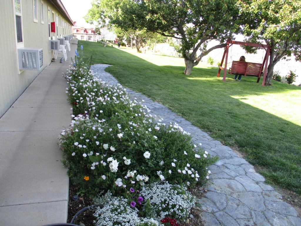 a garden with white flowers next to a sidewalk at Virginia City Inn in Virginia City
