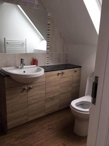 a bathroom with a sink and a toilet at Tidemill House 5b Apartment in Falmouth