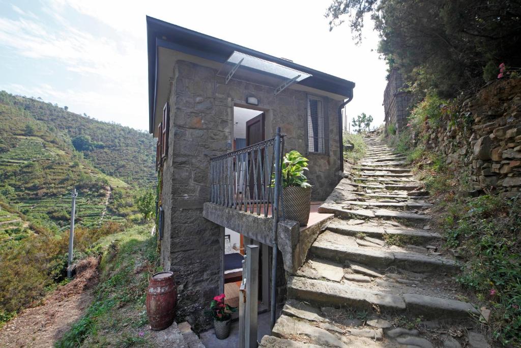 una casa de piedra en una colina con una puerta en FIESSE COTTAGE, en Manarola