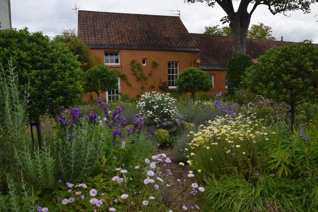 um jardim com flores em frente a uma casa em Unique cosy cottage with stunning gardens em Musselburgh