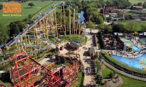 an aerial view of a water park with a roller coaster at Flamingo Land - Woodlands W174 in Kirby Misperton