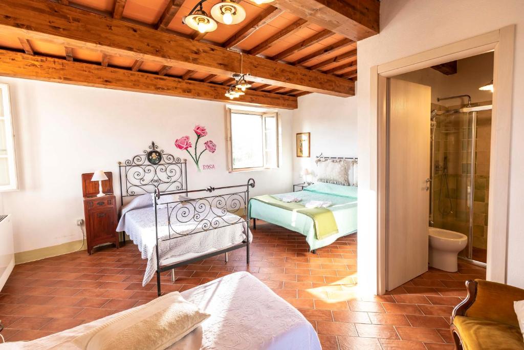 a bedroom with a bed and a shower in a room at Agriturismo La Mignola in Quercianella