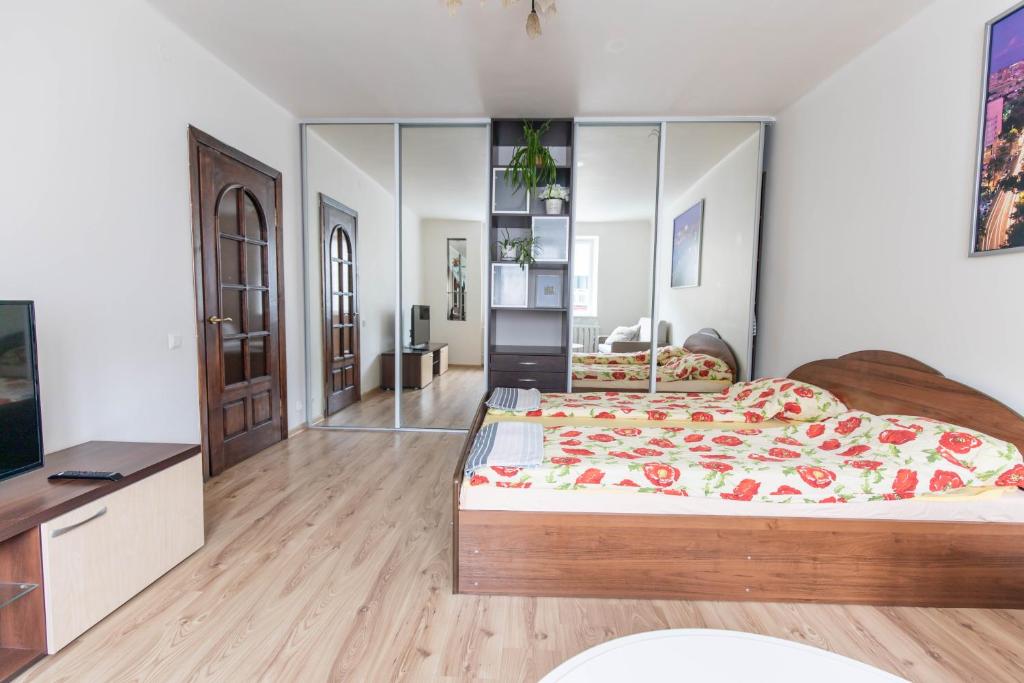 1 dormitorio con 1 cama grande y TV en Cozy Apartment In The City Center, en Šiauliai