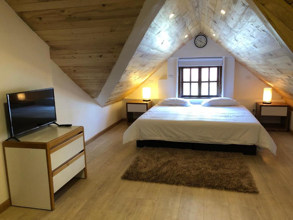 a bedroom with a bed and a tv in a attic at Casa del Arupo in Quito