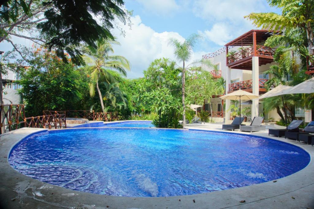 une piscine dans un complexe hôtelier avec des chaises et des arbres dans l'établissement Hermoso Apartamento con Piscina/RoofGarden/Ac/ en Sayulita., à Sayulita