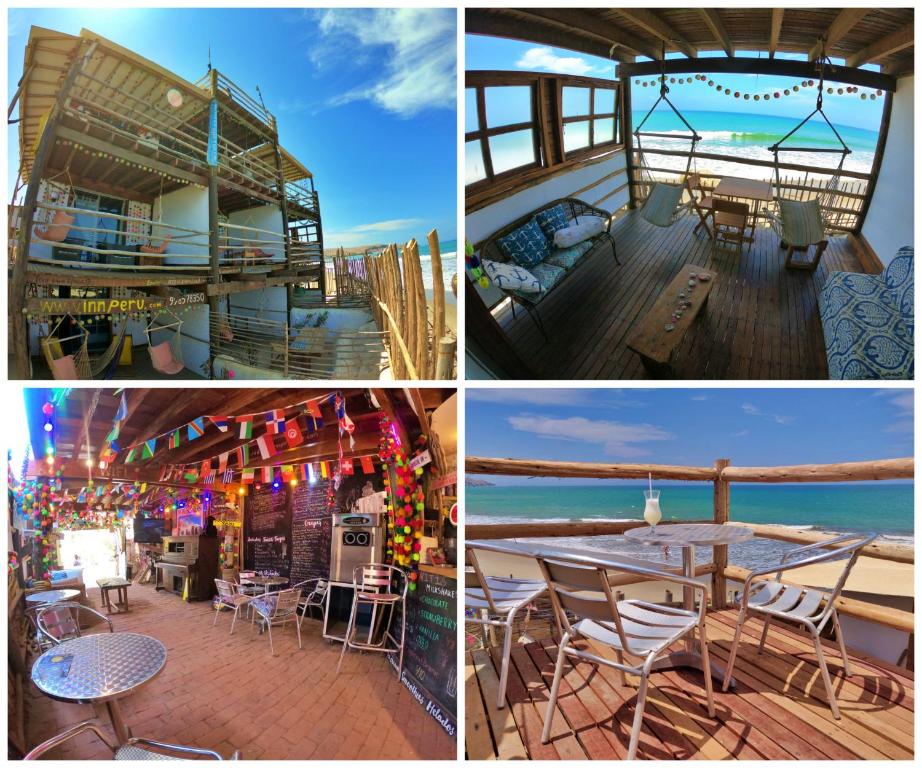 a collage of photos of a deck with tables and chairs at Mancora Apartments in Máncora