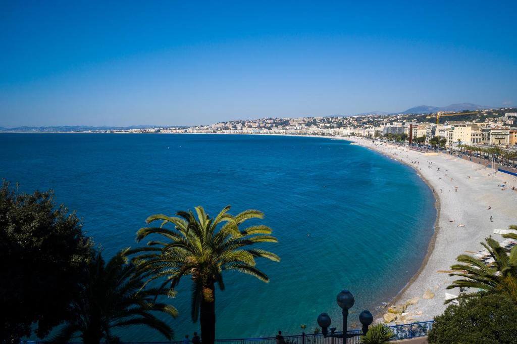 a view of a beach with a palm tree and the ocean at Hotel Suisse in Nice