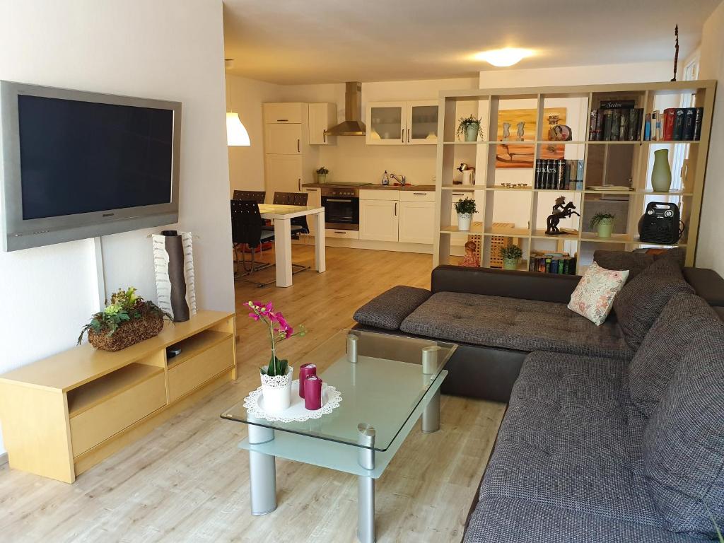 a living room with a couch and a tv at Ferienwohnung Schwartz in Singen