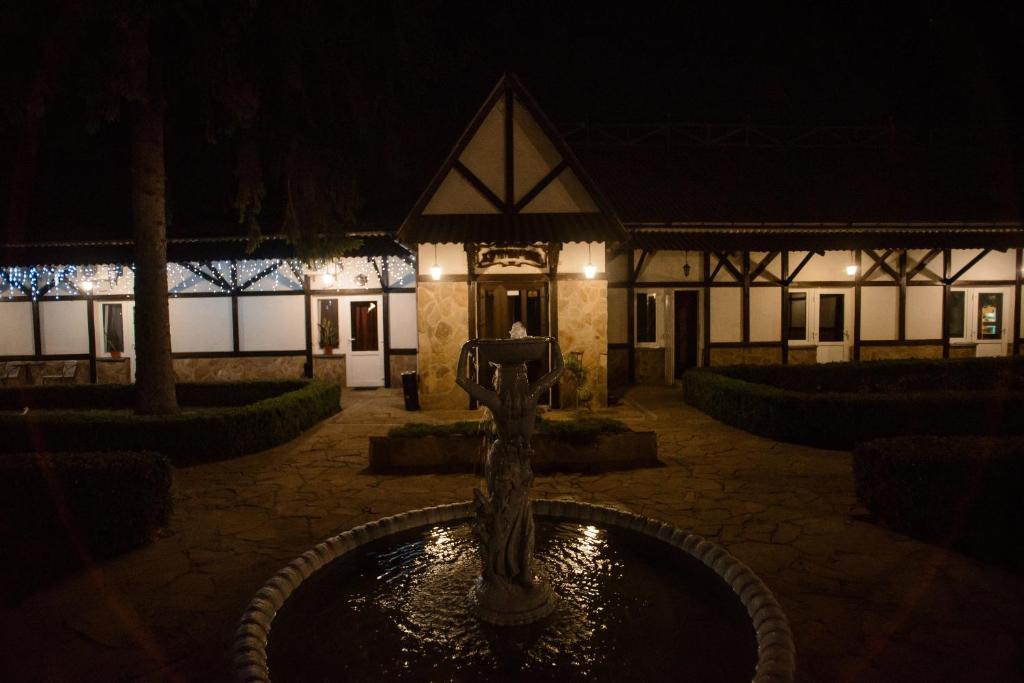 a fountain in front of a building at night at Хуторок in Smila