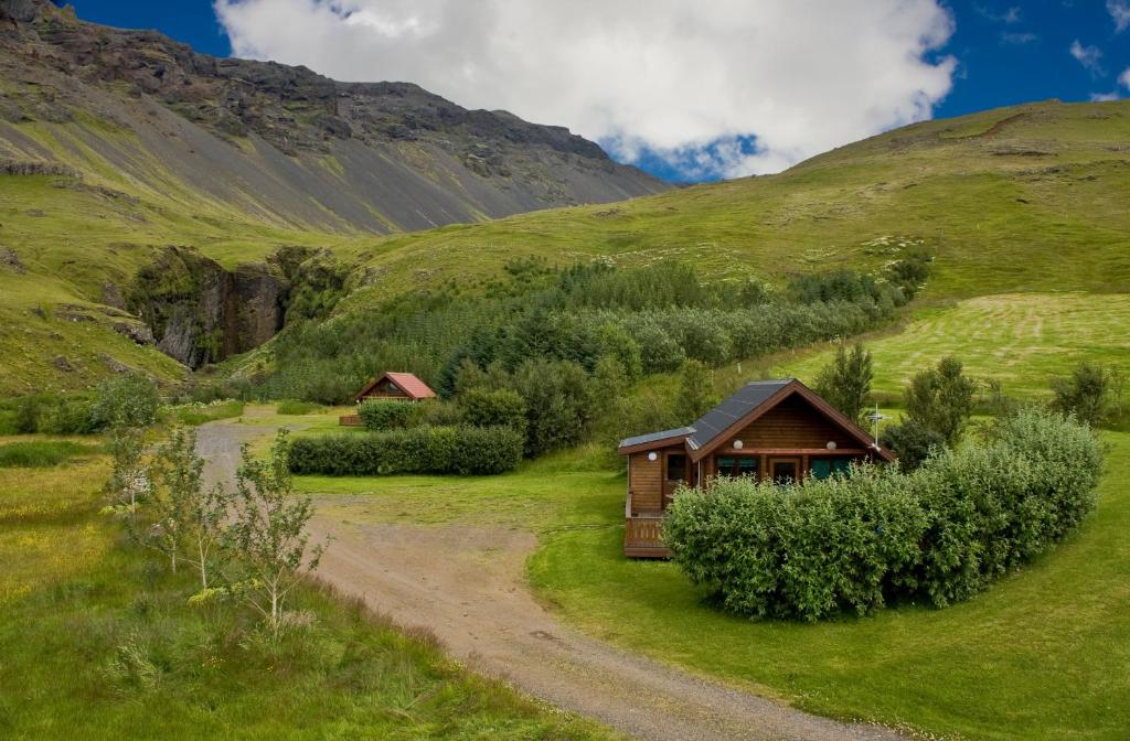 eine Hütte auf einem grasbewachsenen Hügel mit einer unbefestigten Straße in der Unterkunft Ásólfsskáli Cottage in Ásólfsskáli