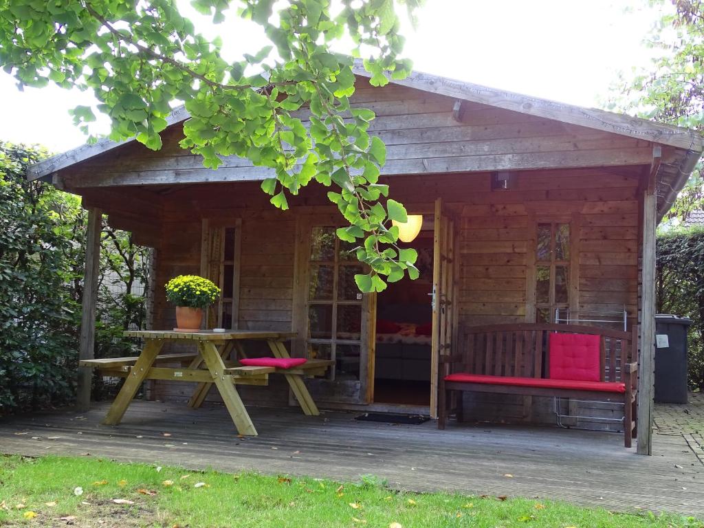 Cabaña de madera con mesa y mesa de picnic en B&B Zeijen, en Zeyen