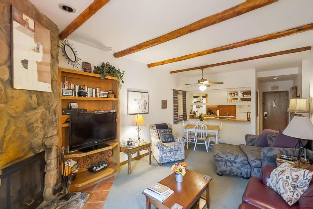 sala de estar con sofá y chimenea en The Aspen Glow, en Durango Mountain Resort