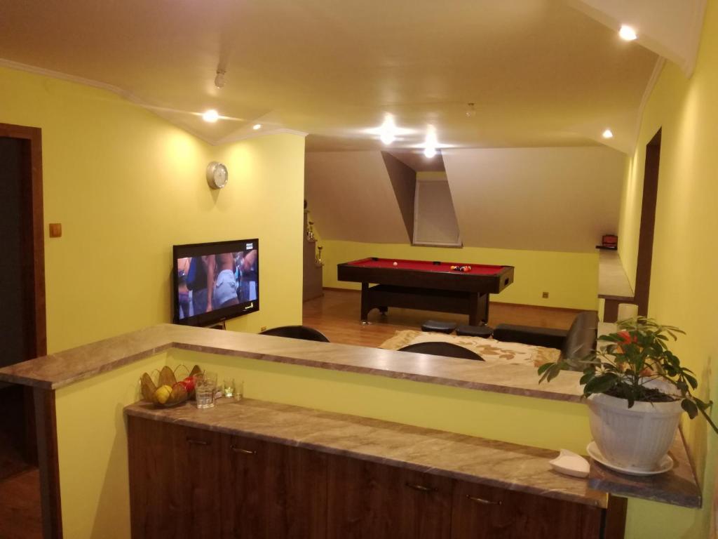 a living room with a pool table and a tv at privát femamki in Ličartovce