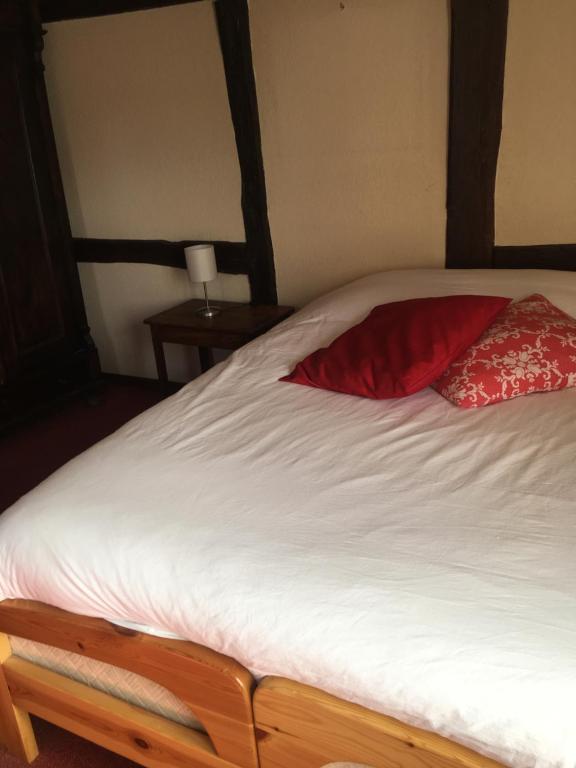 a bed with two red pillows on top of it at Auberge du Tisserand in Gommersdorf