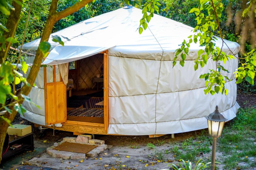 a yurt with a wooden door in a yard at Alföldi Jurta Ruzsa in Ruzsa