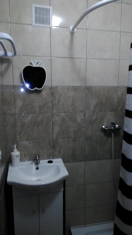 La salle de bains est pourvue d'un lavabo et d'une douche. dans l'établissement Pokoje Henryk, à Korytów