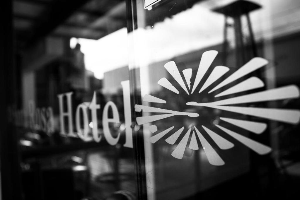 una foto en blanco y negro de una flor en una ventana en Hotel Santa Rosa en Olavarría