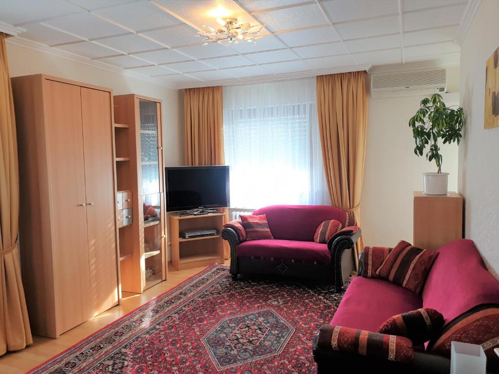 sala de estar con 2 sillas y TV en 60 qm mit Aussicht in Konz, en Konz