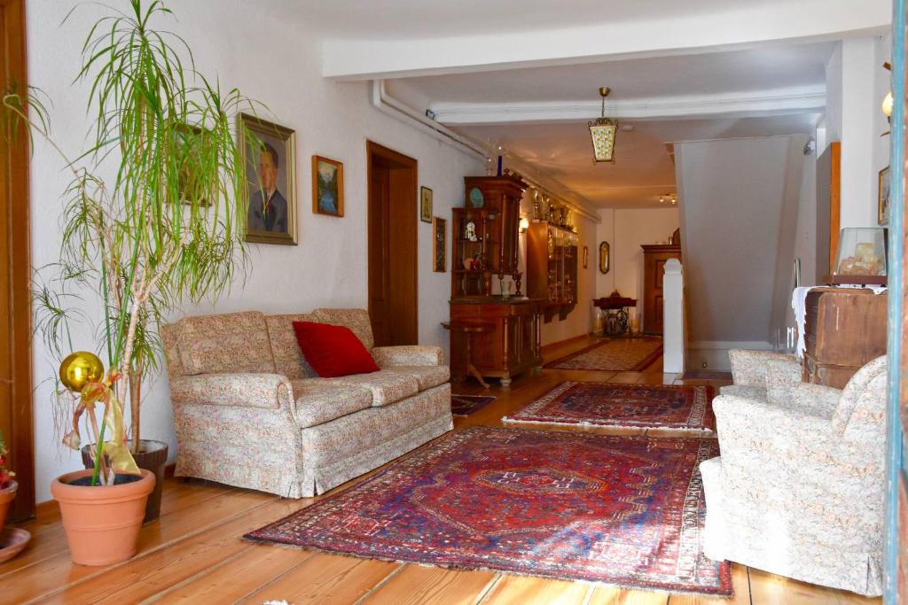 a living room with two couches and a rug at Sport Aktiv Pension Spanner - Tauplitz in Bad Mitterndorf