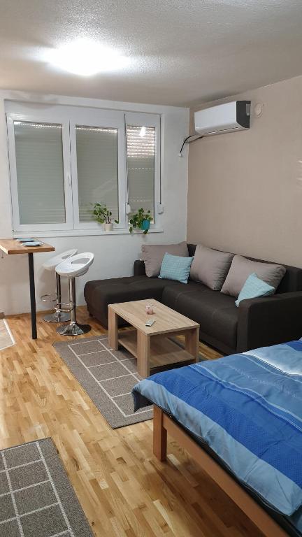 Apartments in city center في كومانوفو: غرفة معيشة مع أريكة وطاولة