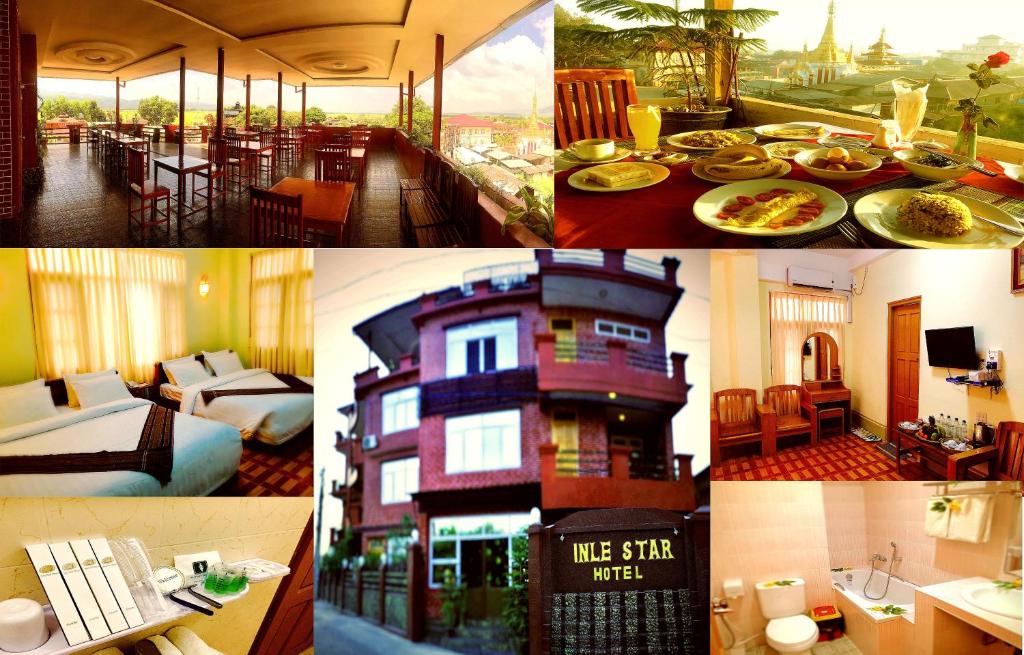 a collage of four pictures of a hotel room at Inle Star Hotel in Nyaung Shwe