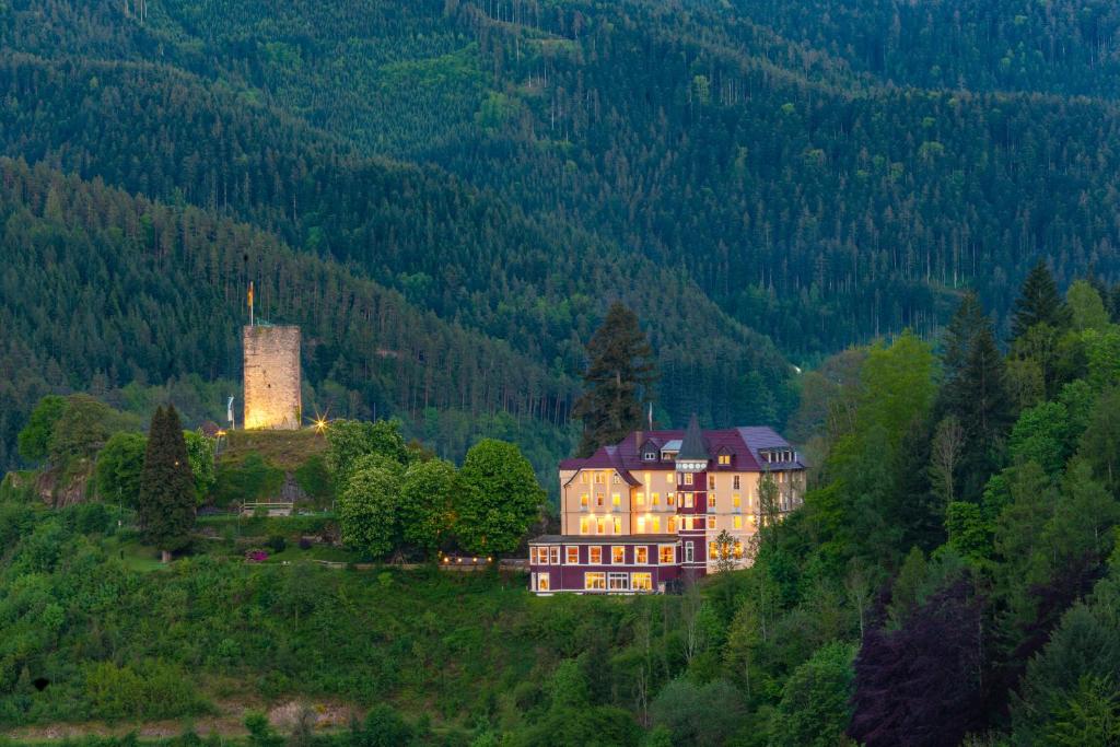 ein Haus auf einem Hügel mit einem Schloss in der Ferne in der Unterkunft Hotel Schloss Hornberg in Hornberg