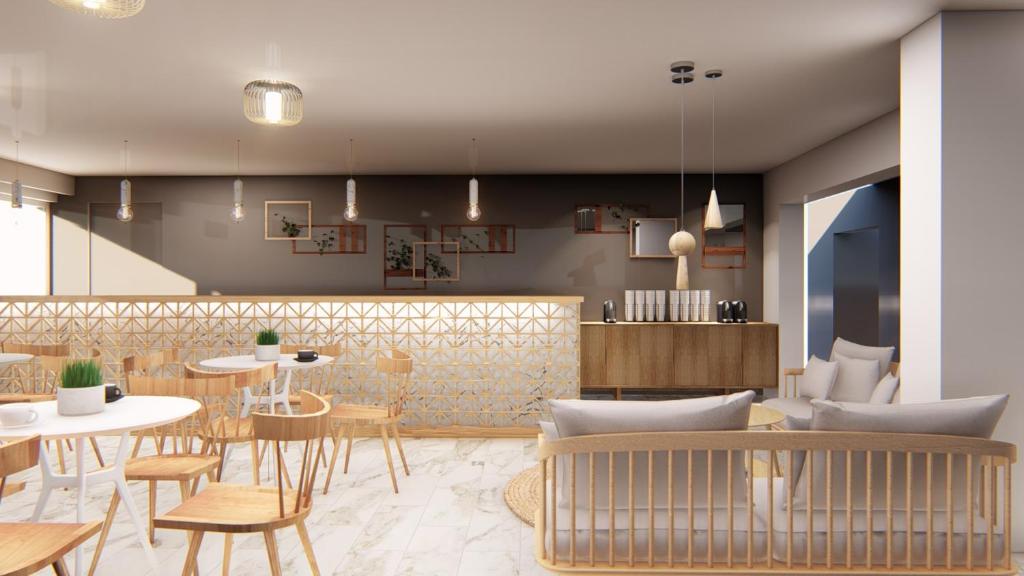 a rendering of a restaurant with tables and chairs at Hotel Grand Nefeli in Vasiliki