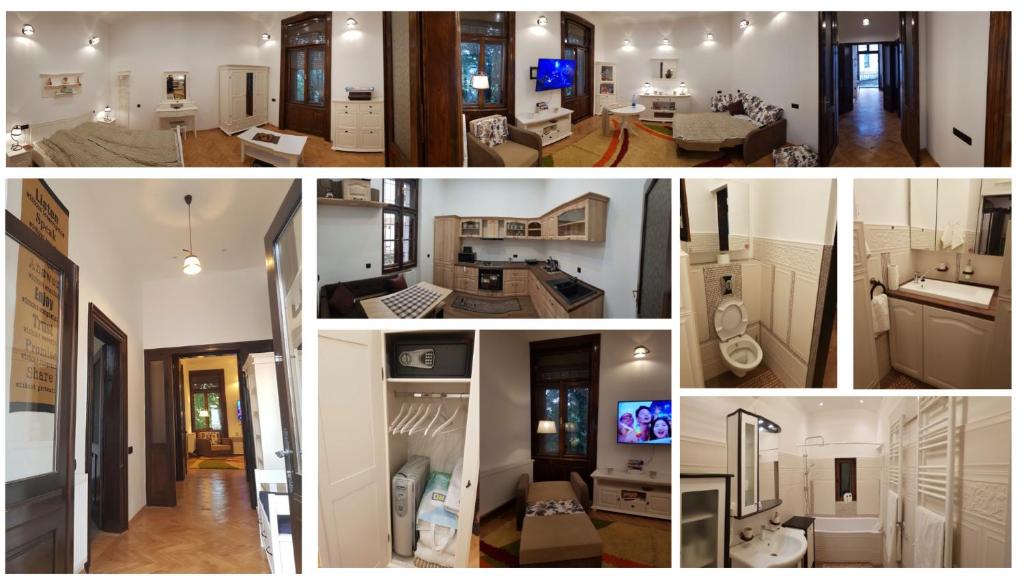 een collage van foto's van een keuken en een woonkamer bij ELLA Apartment Timisoara no9 in Timişoara