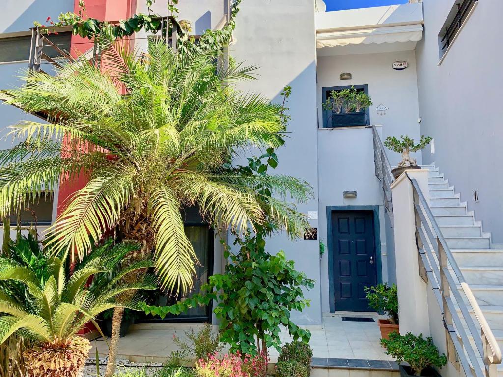 a palm tree in front of a building with a blue door at Chris Apartments in Rhodes Town