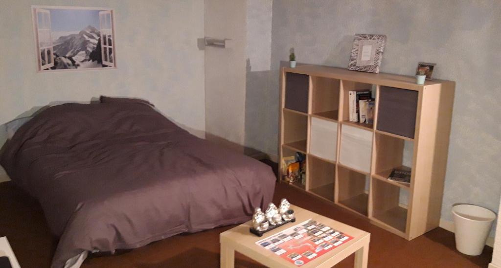 um quarto com uma cama e uma estante de livros em Ubaye Liberty em Barcelonnette