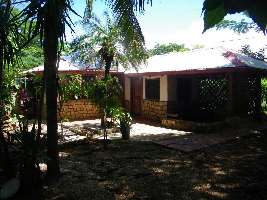 a house in the middle of a yard with palm trees at The Blue lagoon Surf Beach House in Playa Avellana