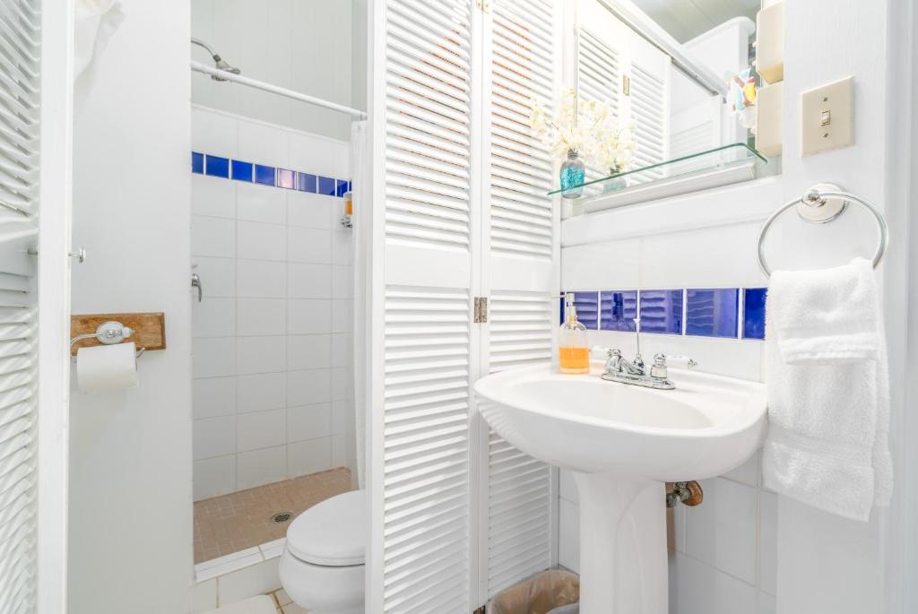 a white bathroom with a sink and a toilet at Old Hawaiian Bed and Breakfast in Hilo