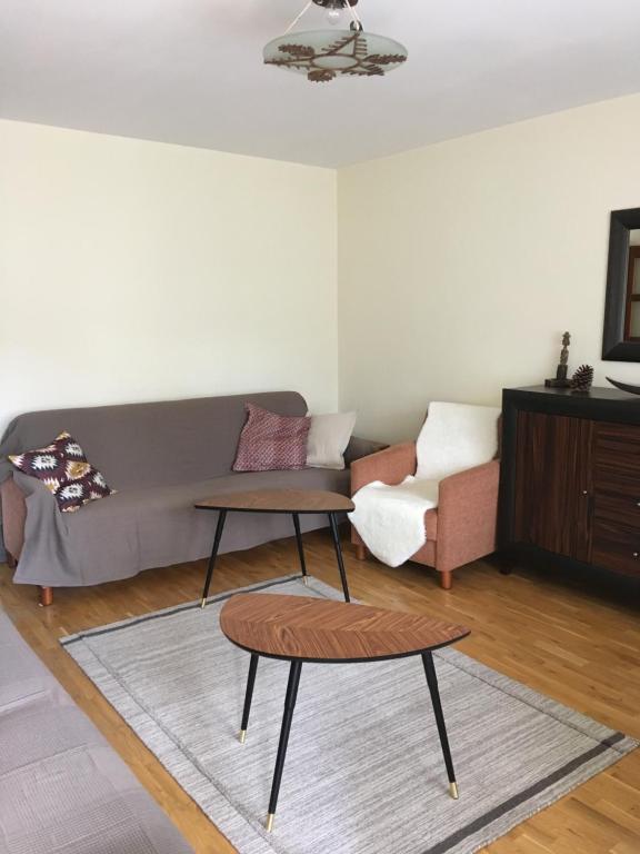 un soggiorno con divano e tavolo di Apartament BB Czarny Potok II a Krynica-Zdrój