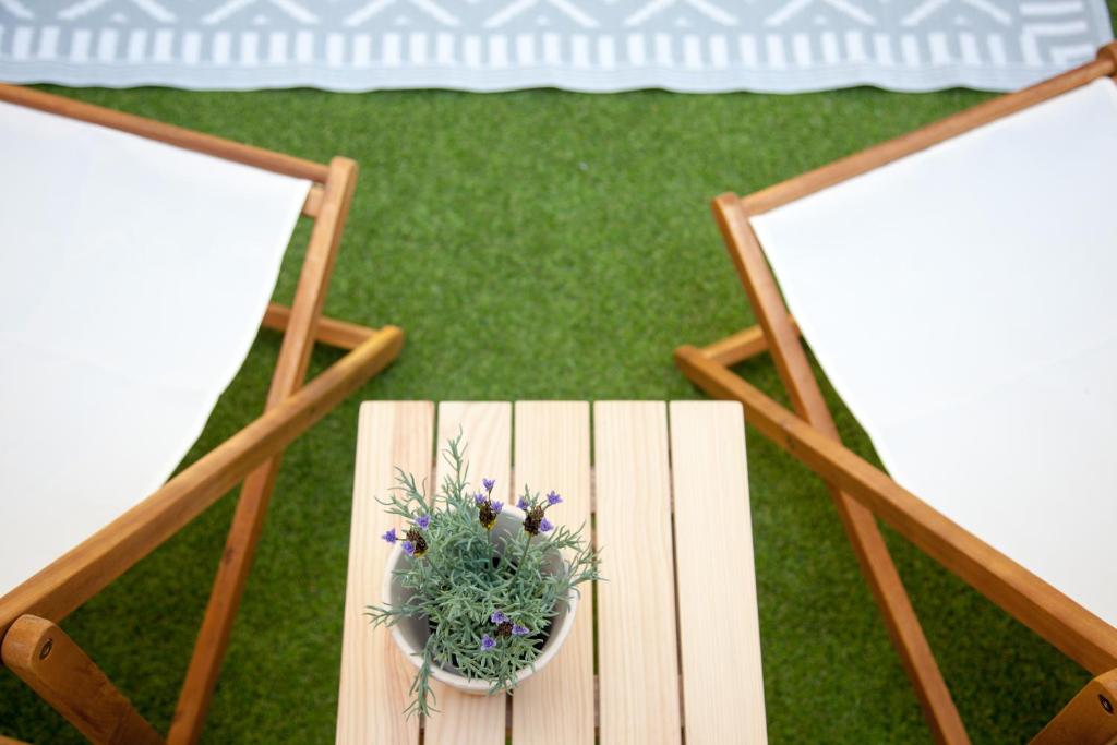 eine Topfpflanze auf einem Tisch mit zwei Stühlen in der Unterkunft Renovated Apart with Private Courtyard, By TimeCooler in Lissabon