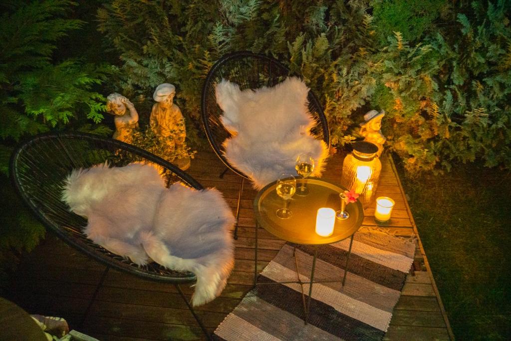 two white dogs sitting on a table with candles at Casa Domestic, Modern Guest House in Viştea de Sus