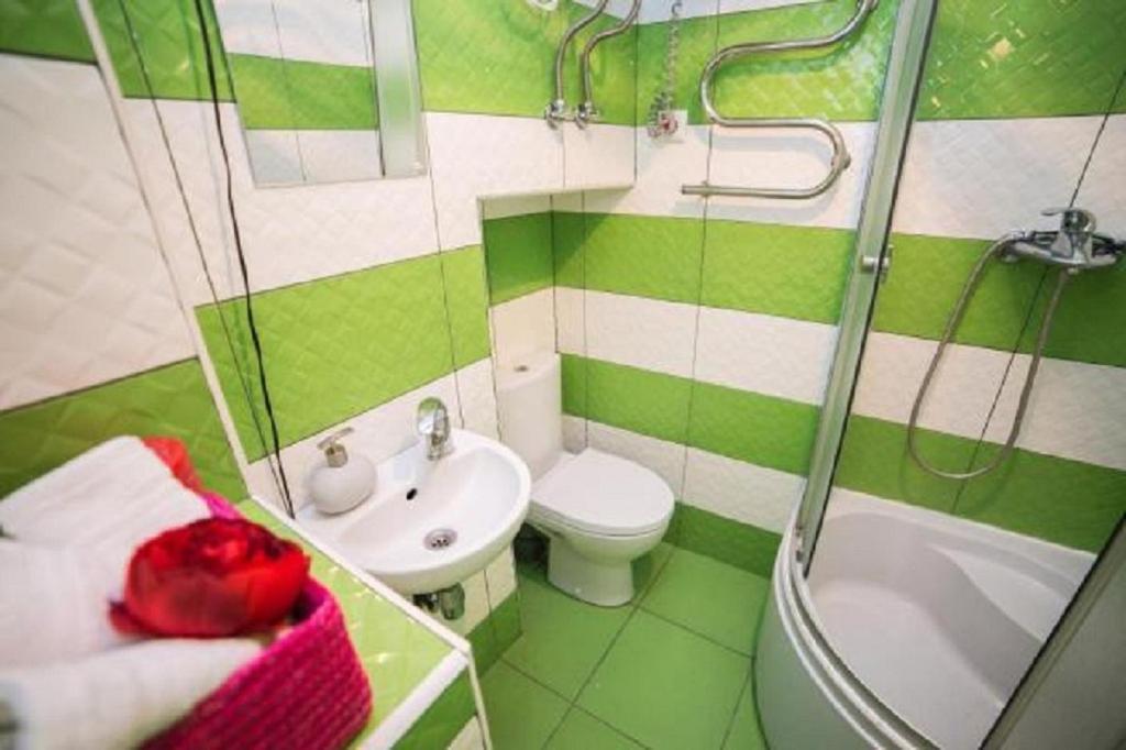 リヴィウにあるMini Smart Apartments in the central part of Lvivの緑と白のバスルーム(洗面台、トイレ付)