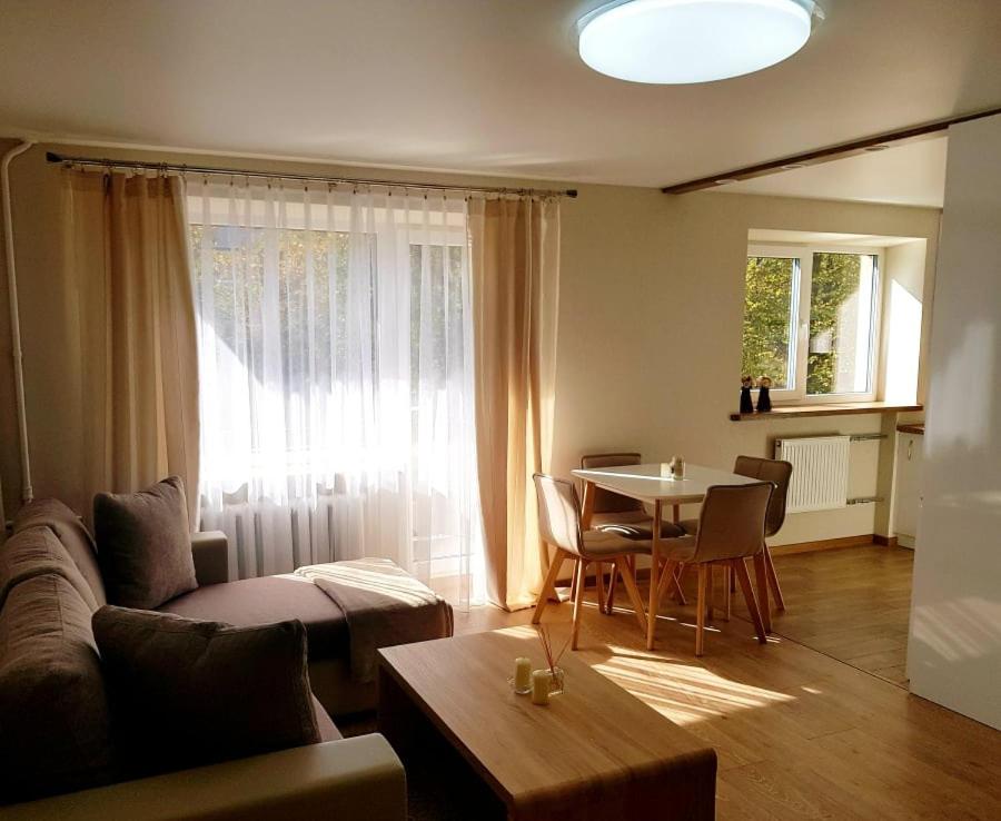 ein Wohnzimmer mit einem Sofa und einem Tisch in der Unterkunft Apartamentai Vilniaus Street II in Šiauliai