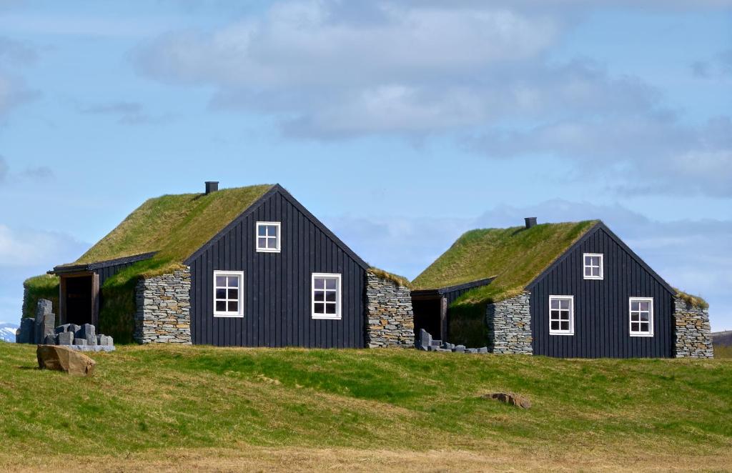 two black houses with grass roofs on a hill at Torfhús Retreat in Selfoss