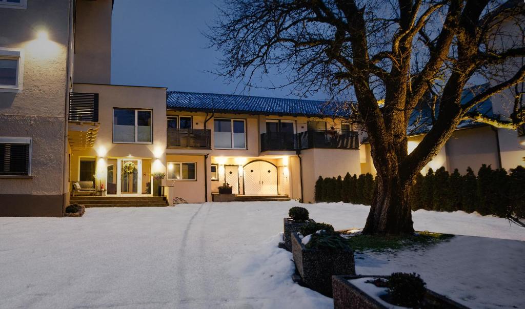 dom z drzewem w śniegu w nocy w obiekcie Appart-Pension Schnöll w mieście Mittersill
