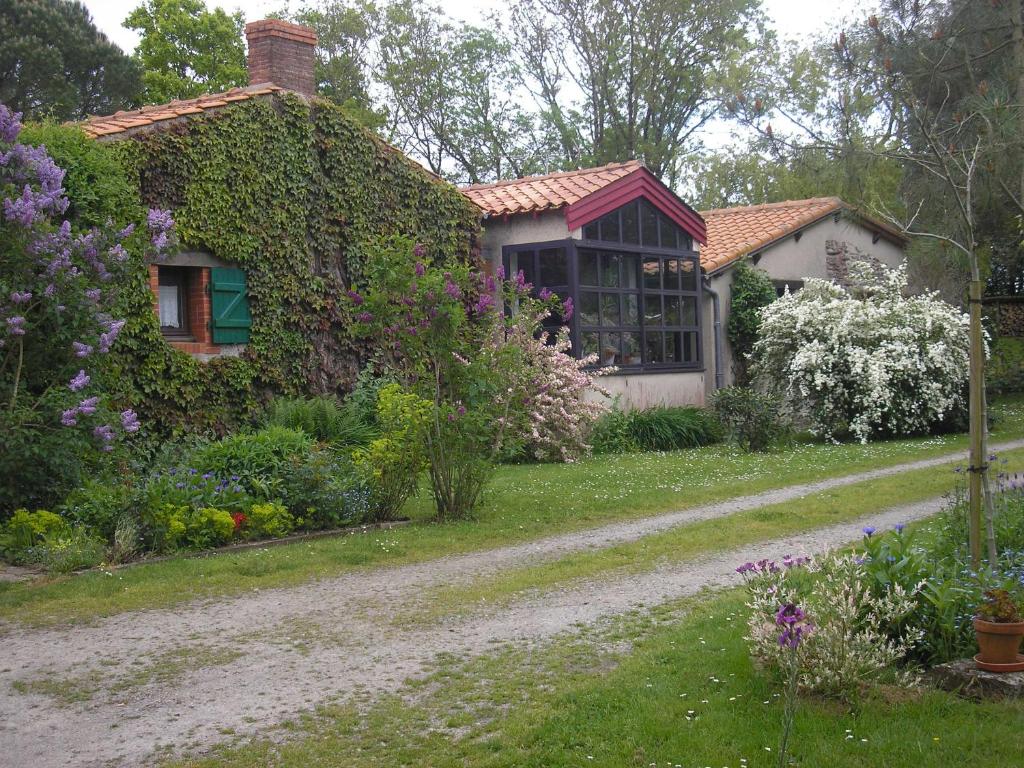 a house covered in ivy next to a dirt road at L'instant jardin in Saint-Mars-de-Coutais