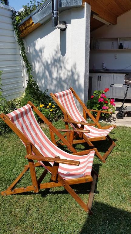 dos sillas de jardín sentadas en el césped en un patio en Villa Ani, en Kowatschiza